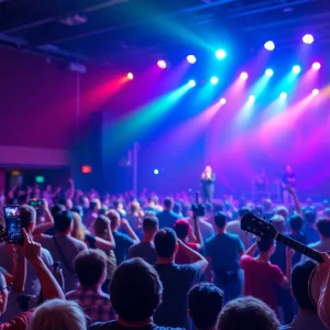 Concert stage with colorful lights and musical instruments
