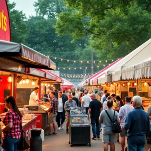 Festival atmosphere with vendors and live music.