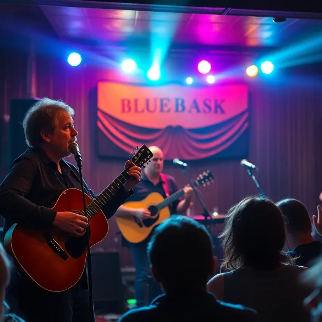 A bluegrass concert with a mandolinist playing on stage at a lounge.