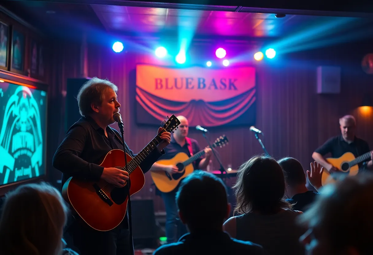 A bluegrass concert with a mandolinist playing on stage at a lounge.