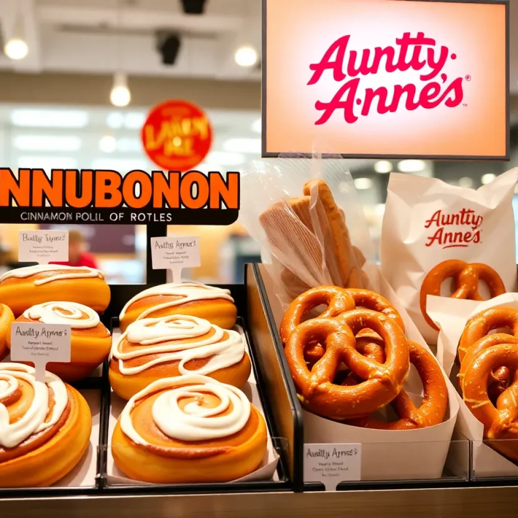 Delicious Cinnabon cinnamon rolls next to Auntie Anne's pretzels
