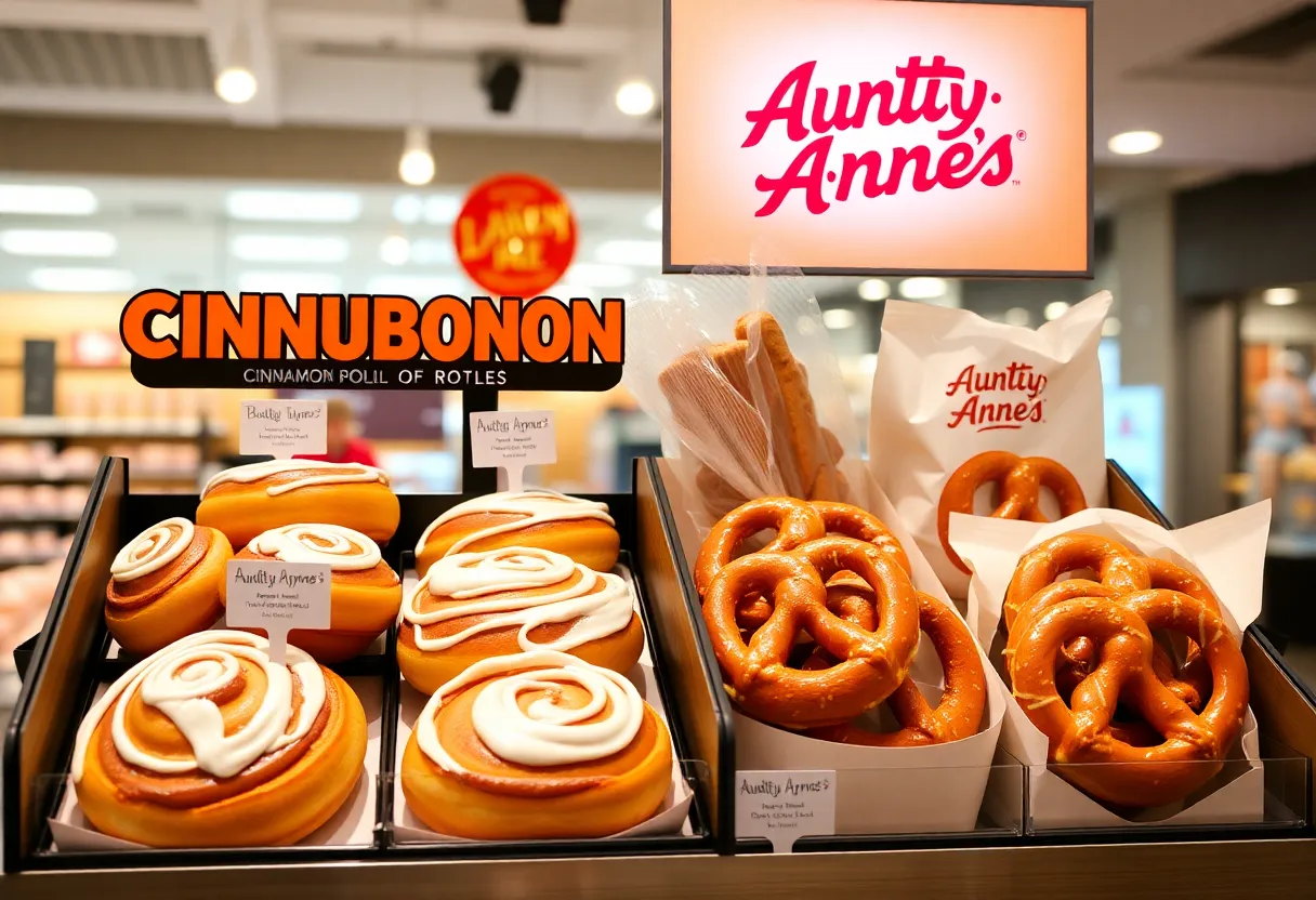 Delicious Cinnabon cinnamon rolls next to Auntie Anne's pretzels