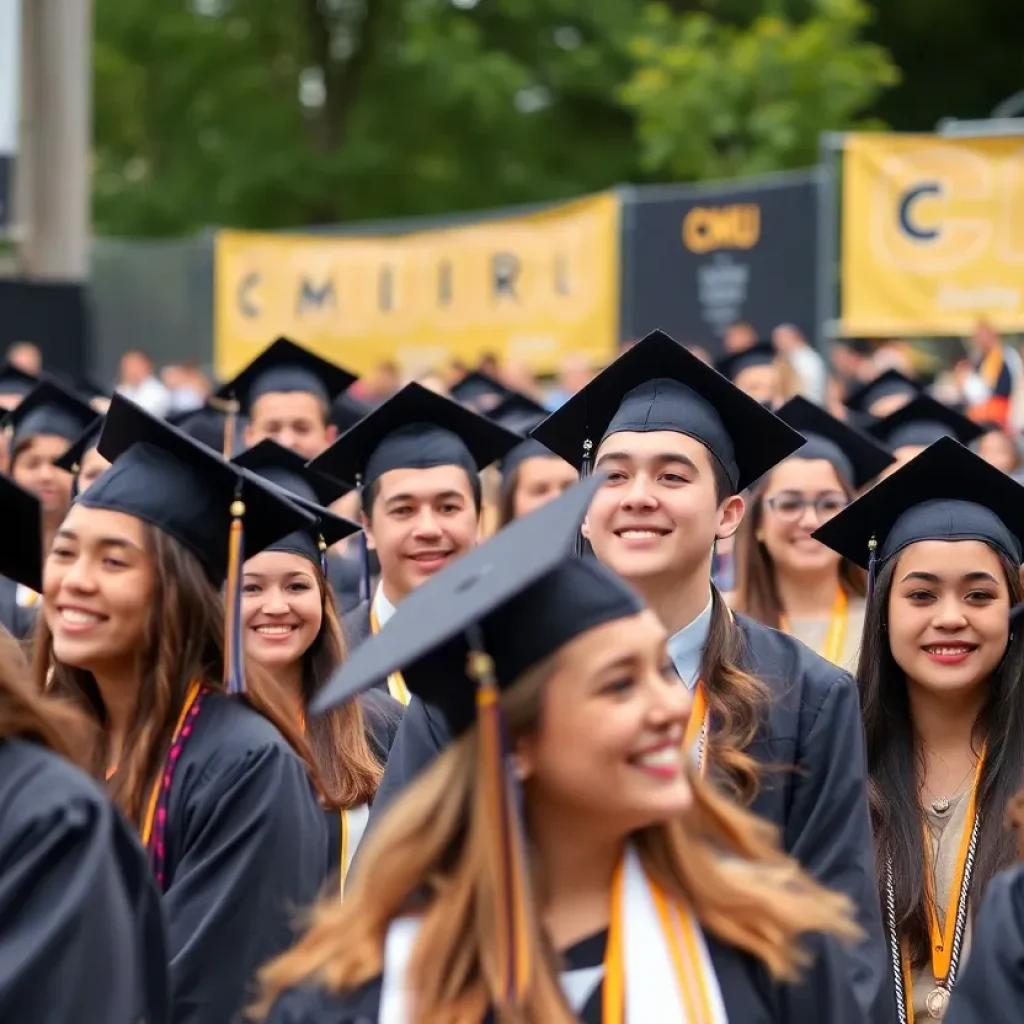 Students wearing graduation caps and gowns celebrating at Central Michigan University