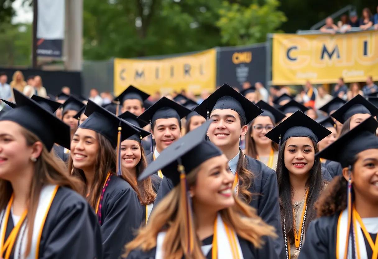 Students wearing graduation caps and gowns celebrating at Central Michigan University