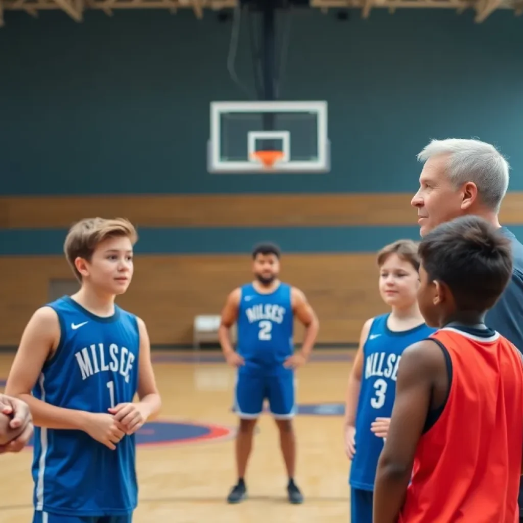 Basketball coach engaging with players, promoting teamwork and resilience after overcoming a health challenge.