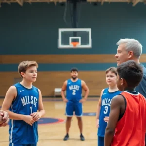 Basketball coach engaging with players, promoting teamwork and resilience after overcoming a health challenge.