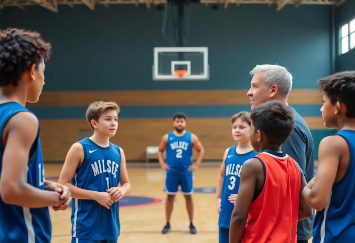 Basketball coach engaging with players, promoting teamwork and resilience after overcoming a health challenge.