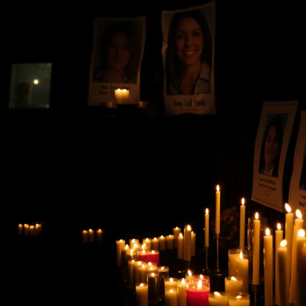 Community members holding candles at a vigil for a missing person