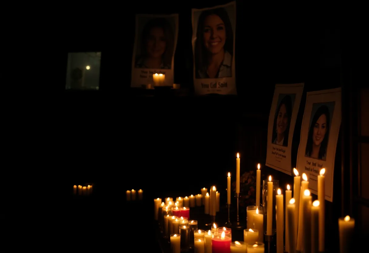 Community members holding candles at a vigil for a missing person