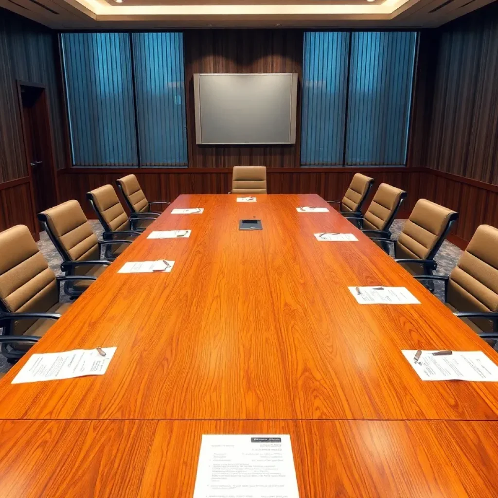 Boardroom setting with financial documents and chairs