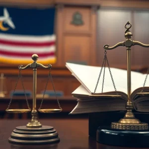 Courtroom scene with legal documents and scales of justice