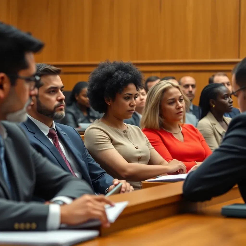 Jury members engaged in serious discussions during a trial in a courtroom setting.