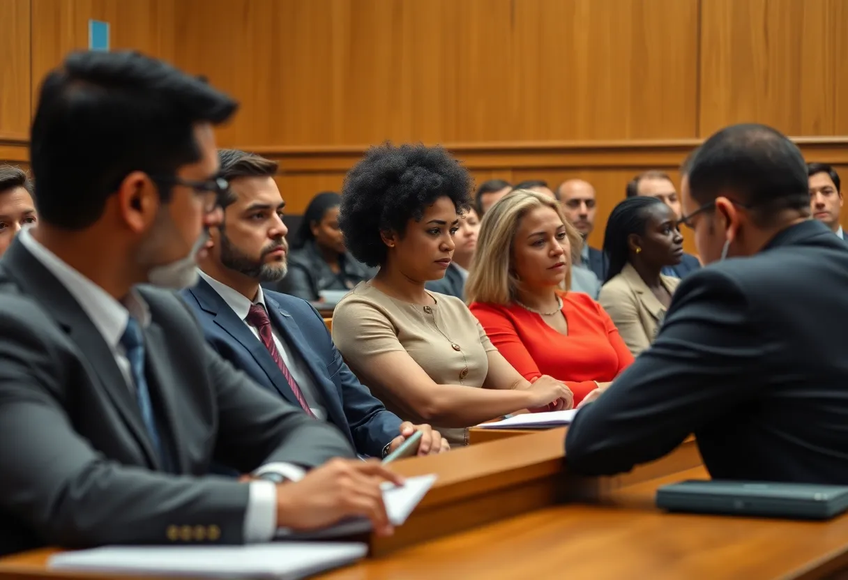 Jury members engaged in serious discussions during a trial in a courtroom setting.