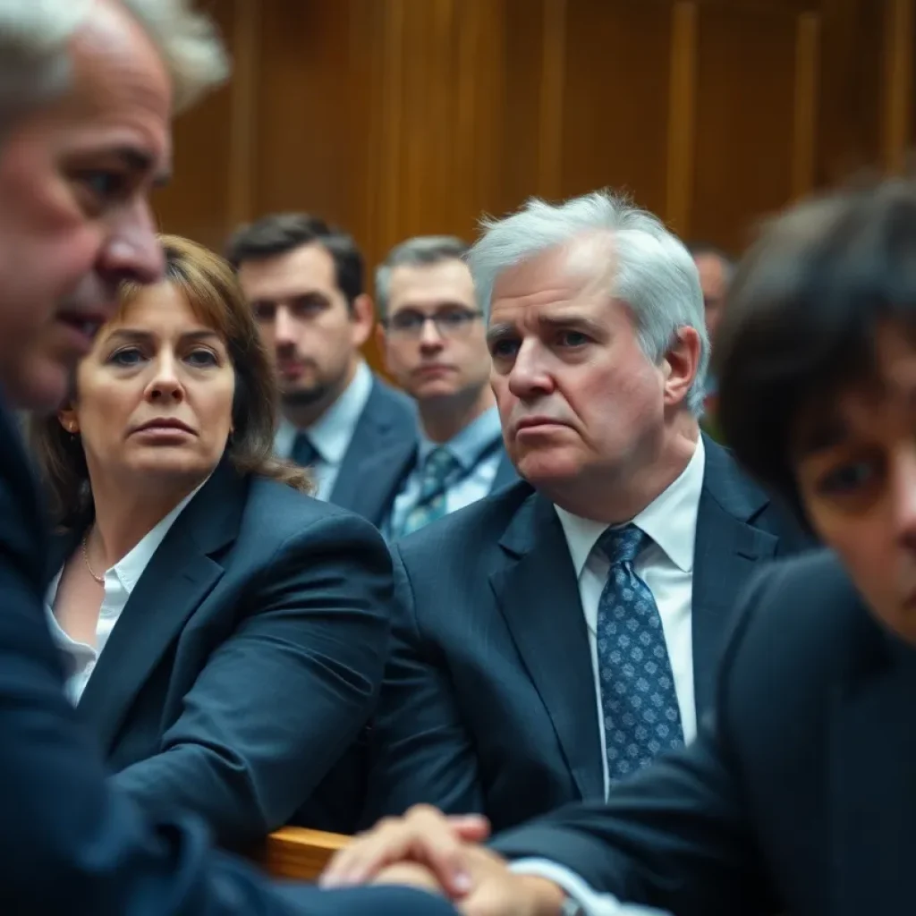 A courtroom scene depicting the tension during the Patrick Lyoya murder trial