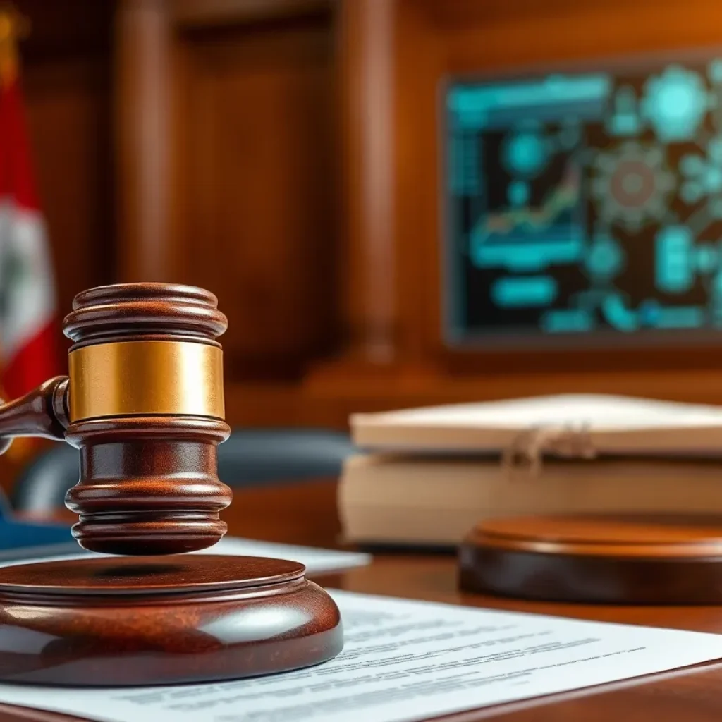 Courtroom with gavel and legal documents related to technology ruling