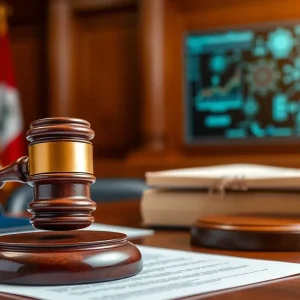 Courtroom with gavel and legal documents related to technology ruling