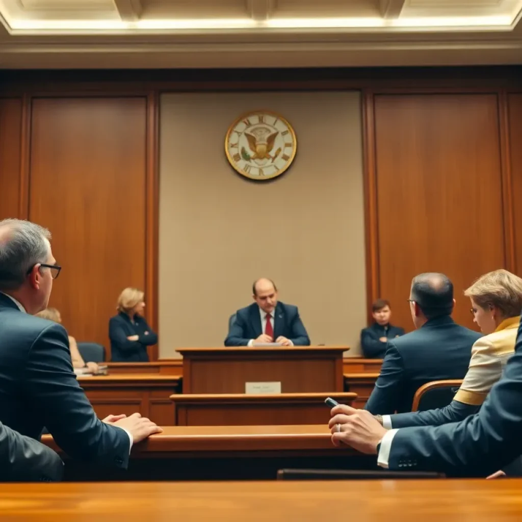 A courtroom during a trial with legal professionals presenting evidence.