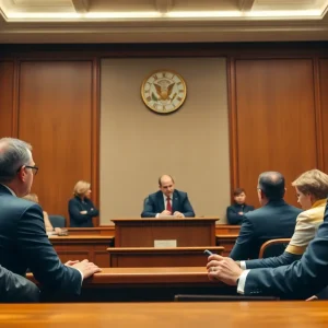 A courtroom during a trial with legal professionals presenting evidence.