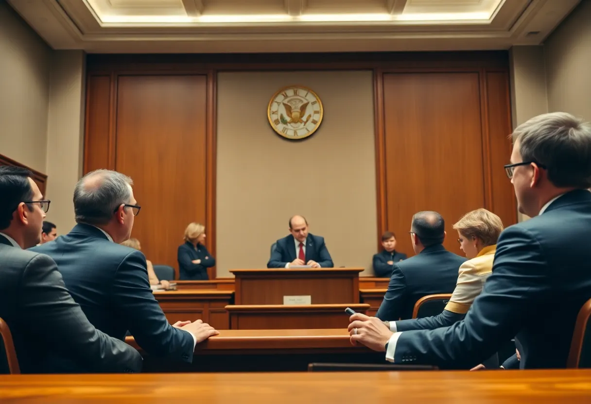 A courtroom during a trial with legal professionals presenting evidence.