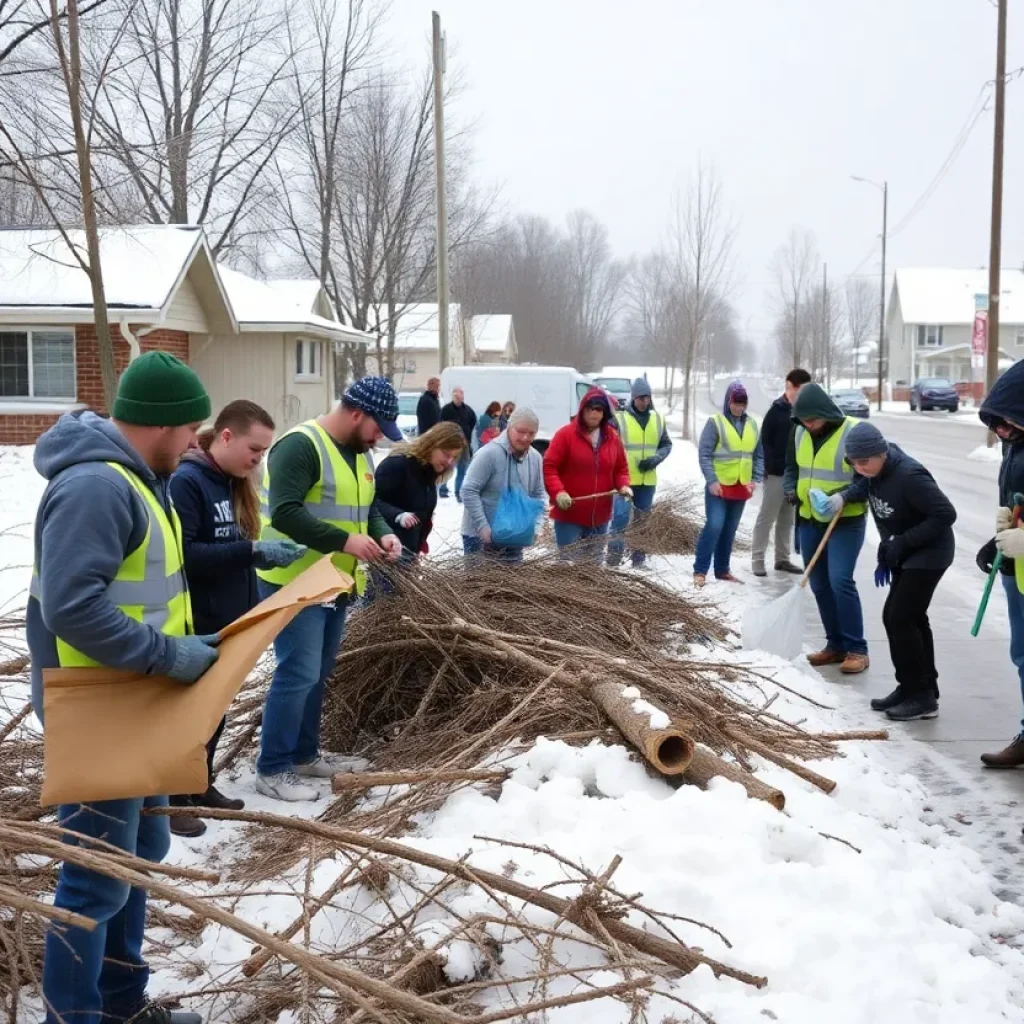 Community members participating in disaster relief efforts after a winter storm in northern Michigan.