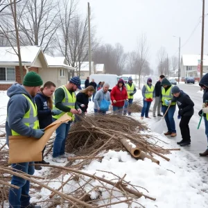 Community members participating in disaster relief efforts after a winter storm in northern Michigan.