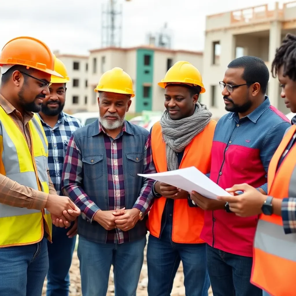 Construction professionals of diverse backgrounds collaborating on a project.