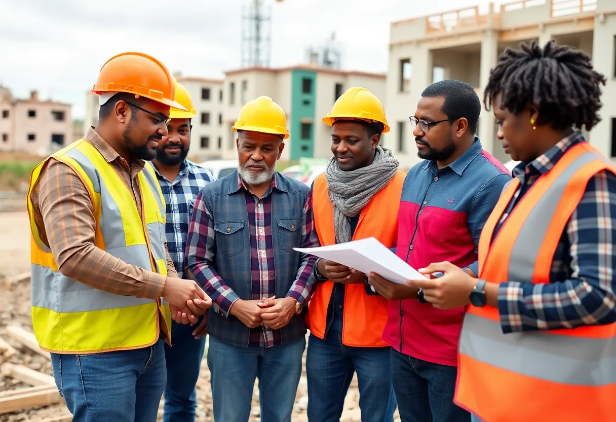 Construction professionals of diverse backgrounds collaborating on a project.