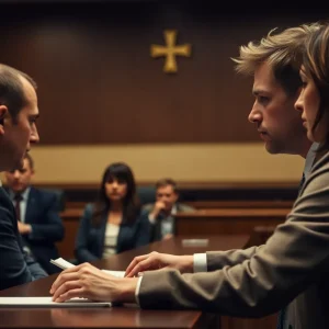 Courtroom scene showing emotional testimonies in a domestic violence trial