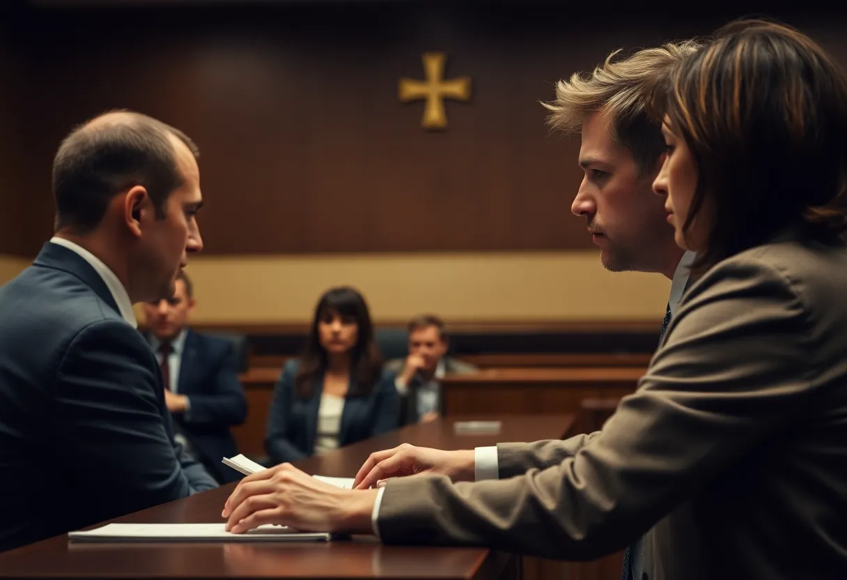 Courtroom scene showing emotional testimonies in a domestic violence trial