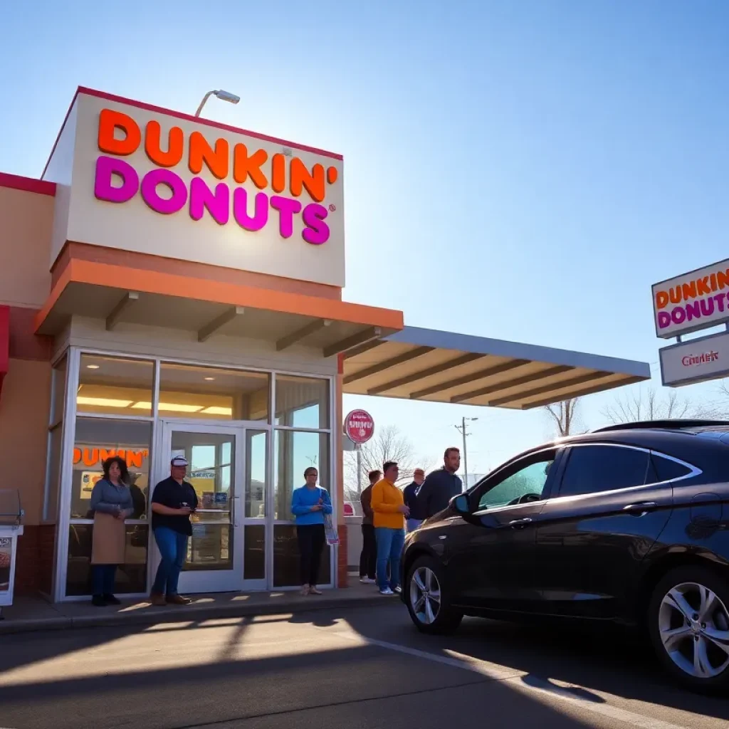 Exterior view of a new Dunkin' Donuts drive-thru restaurant