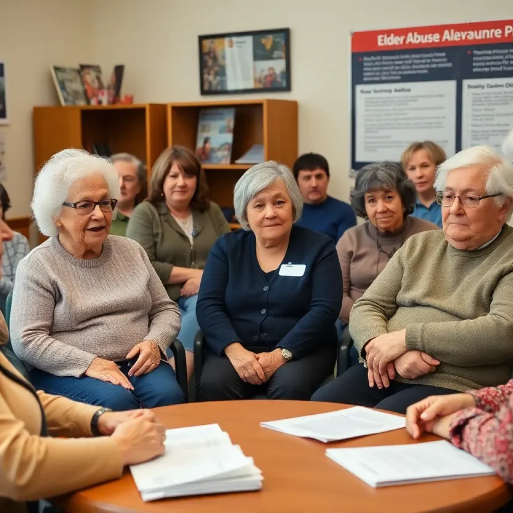 Seniors participating in a community meeting about elder abuse prevention
