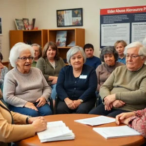 Seniors participating in a community meeting about elder abuse prevention
