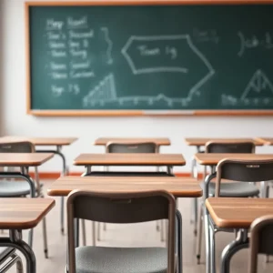 Classroom with empty desks and a chalkboard to symbolize teacher shortages.
