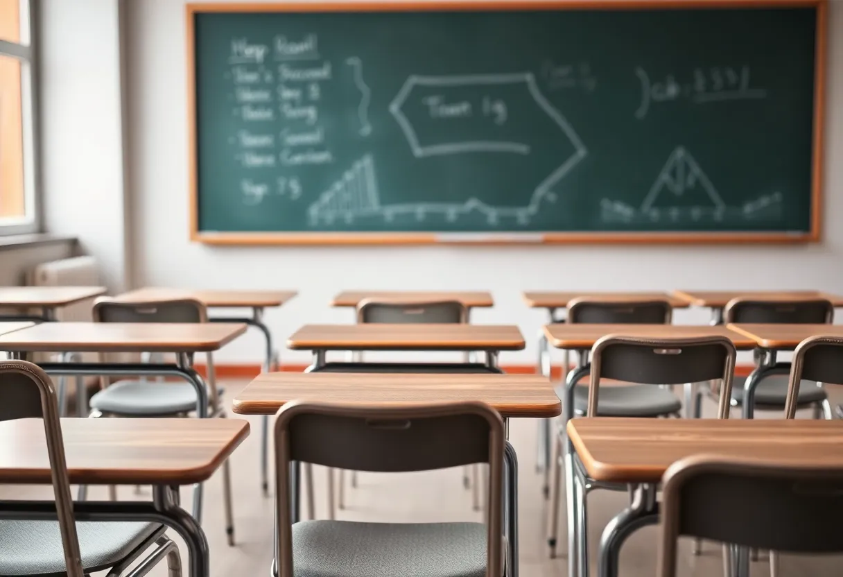 Classroom with empty desks and a chalkboard to symbolize teacher shortages.