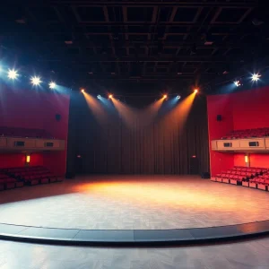 An empty stage with colorful lights in a concert hall