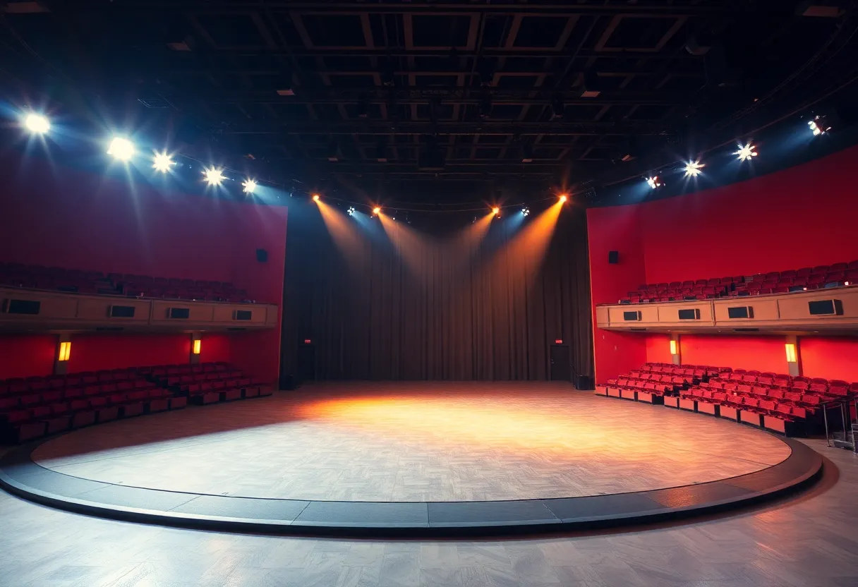 An empty stage with colorful lights in a concert hall