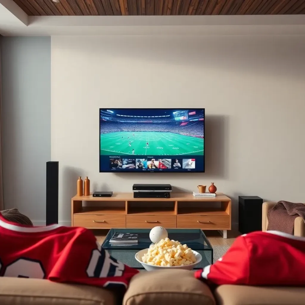 Living room setup with a TV streaming sports content