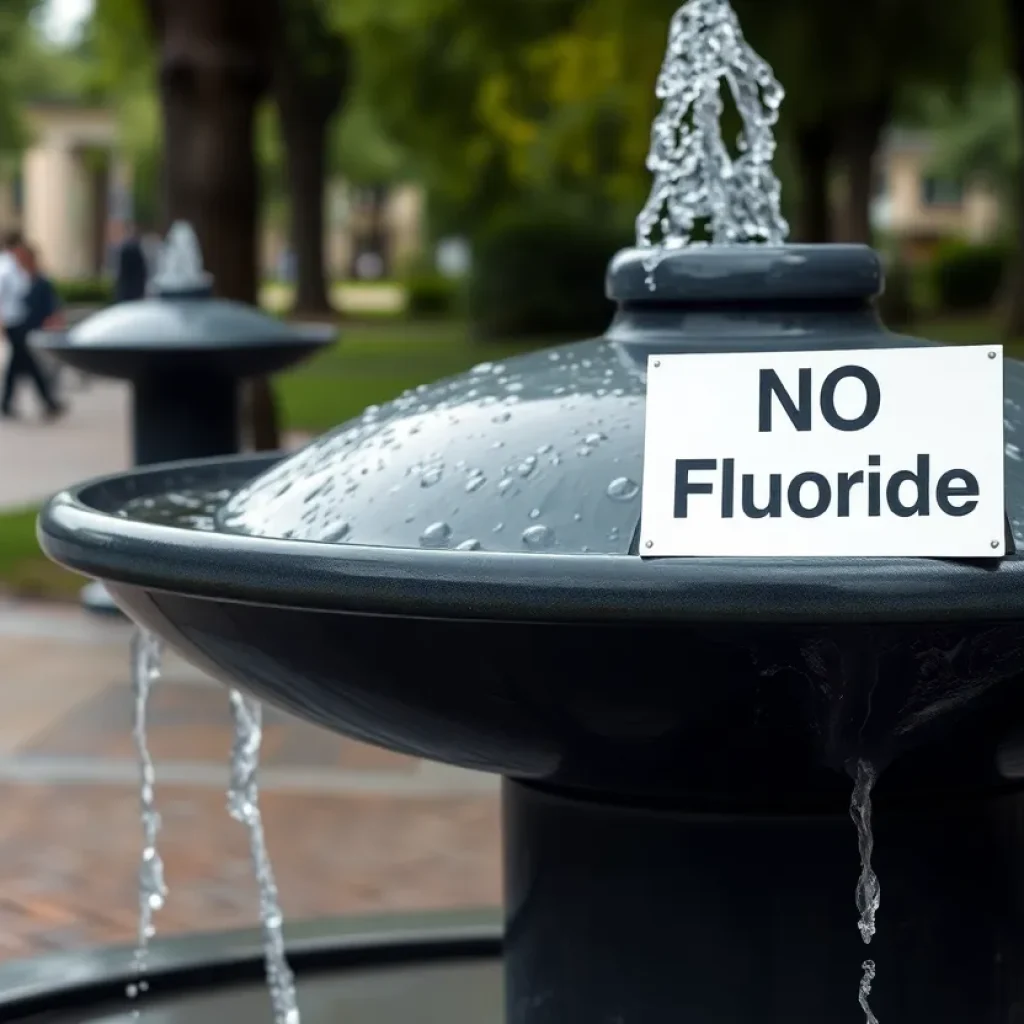 Public water fountain with a no fluoride sign in Florida