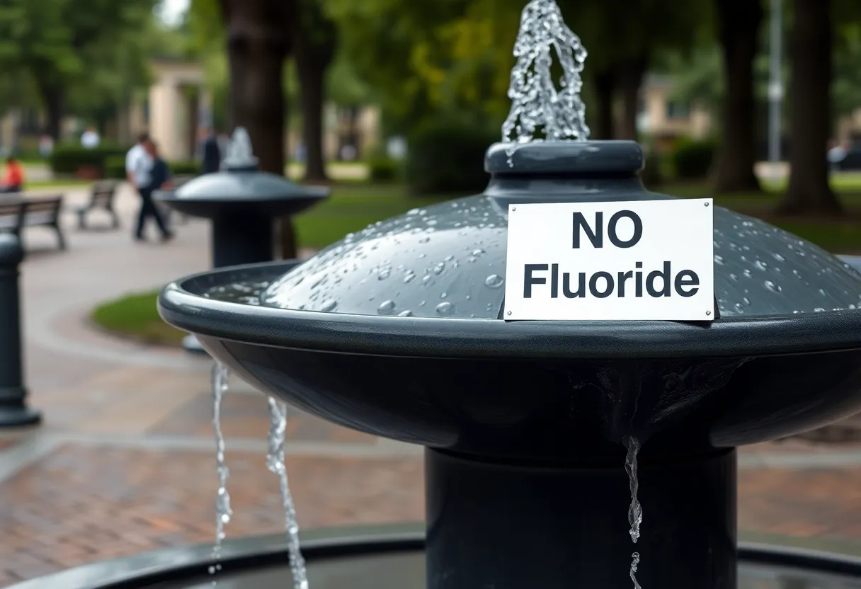 Public water fountain with a no fluoride sign in Florida