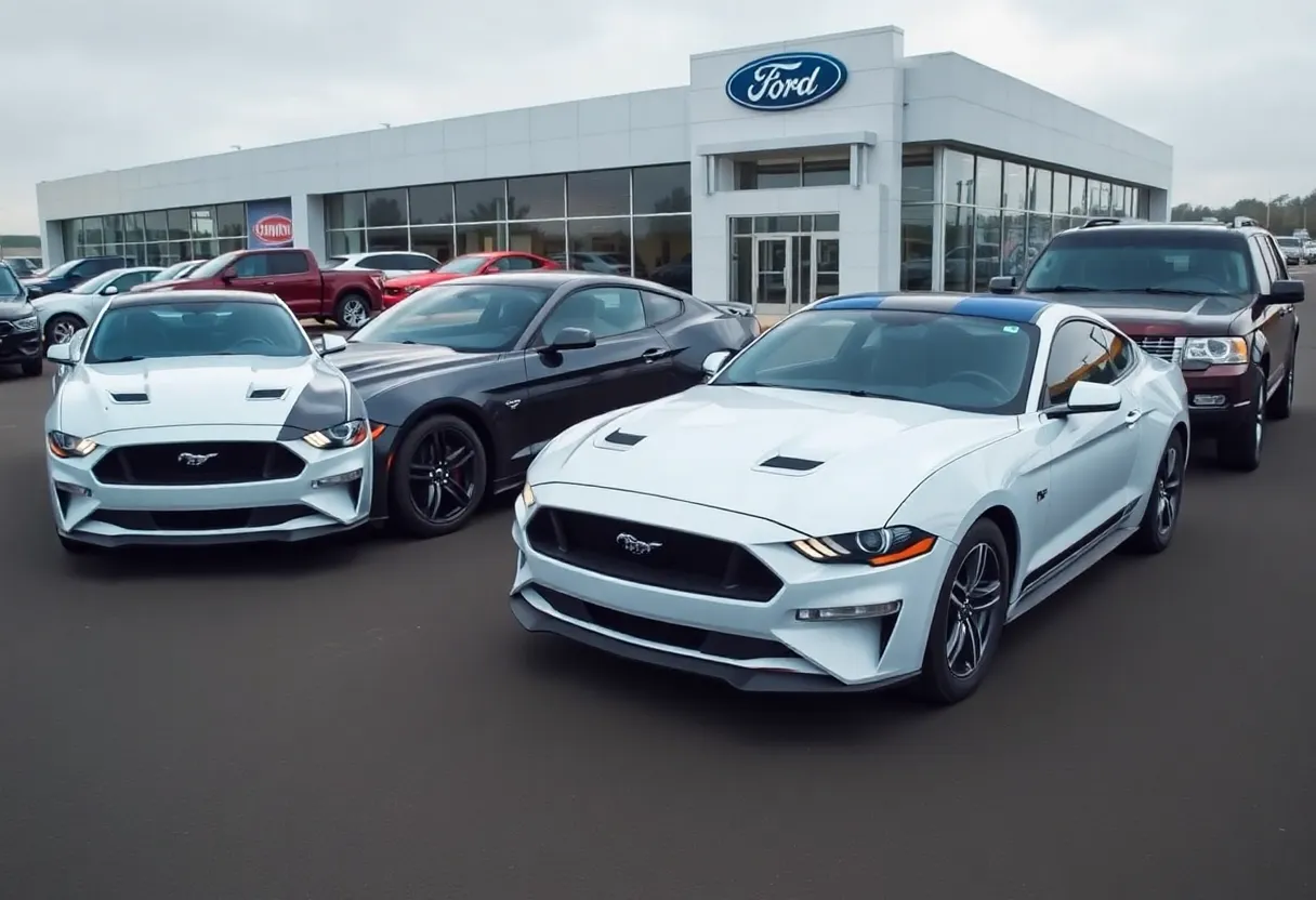Ford Mustang Mach-E, Maverick, and Bronco Sport displayed at a dealership.