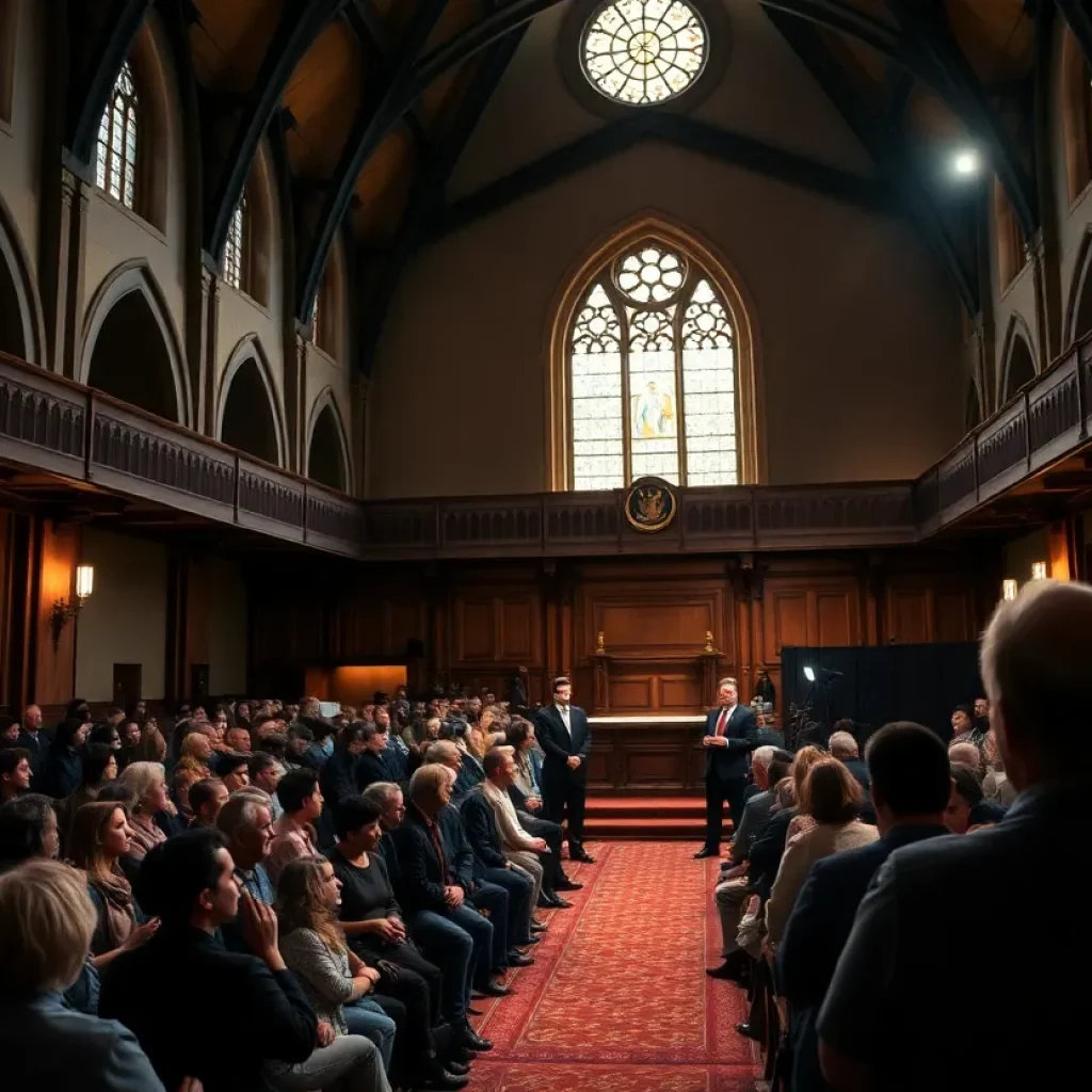 Audience in a historic church waiting for a comedy show
