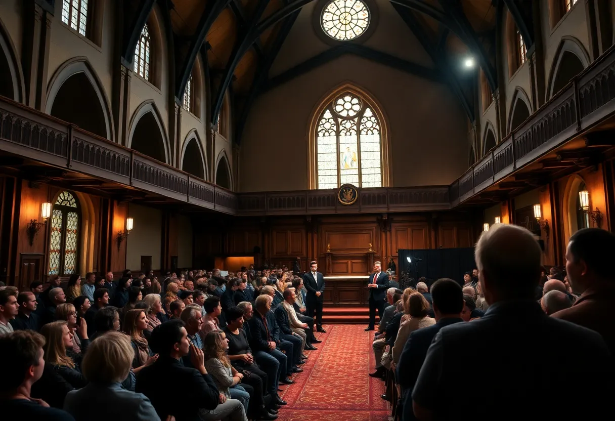 Audience in a historic church waiting for a comedy show