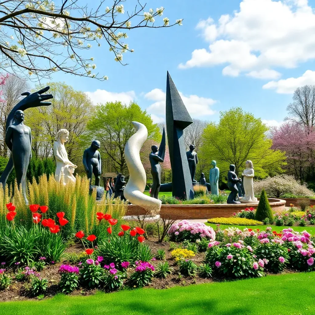 Scenic view of Frederik Meijer Gardens with sculptures and flowers