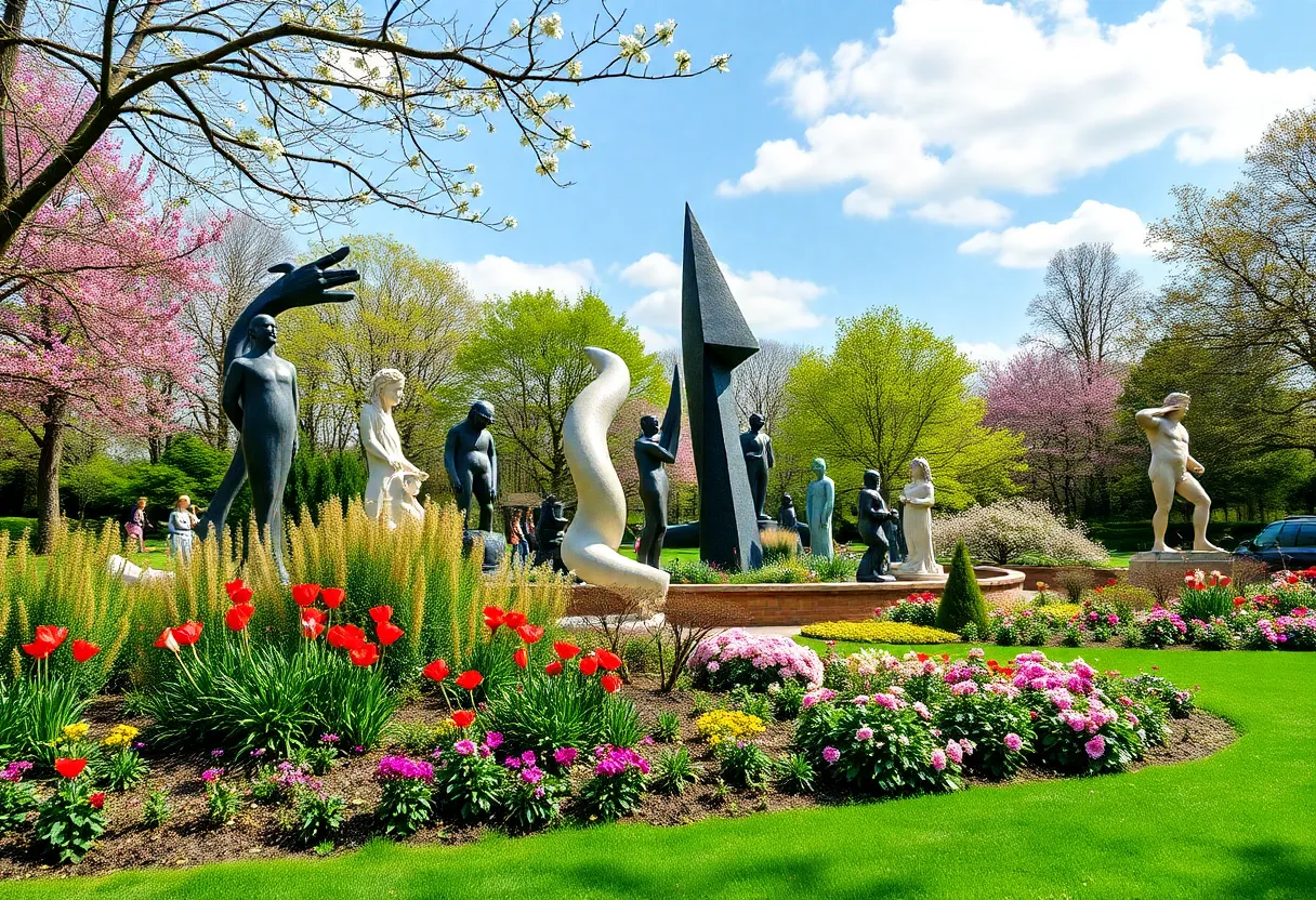Scenic view of Frederik Meijer Gardens with sculptures and flowers