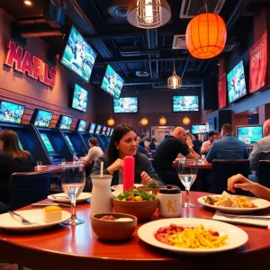 Interior view of Gimme's Par and Grill showcasing dining and sports simulators