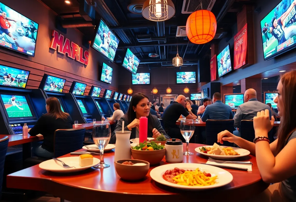 Interior view of Gimme's Par and Grill showcasing dining and sports simulators