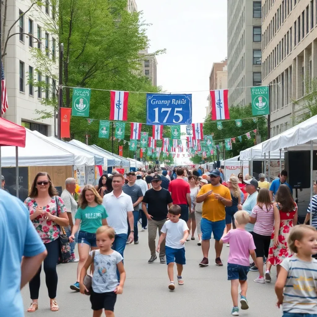 Families enjoying the Grand Rapids 175th anniversary celebration with various activities and historical displays.