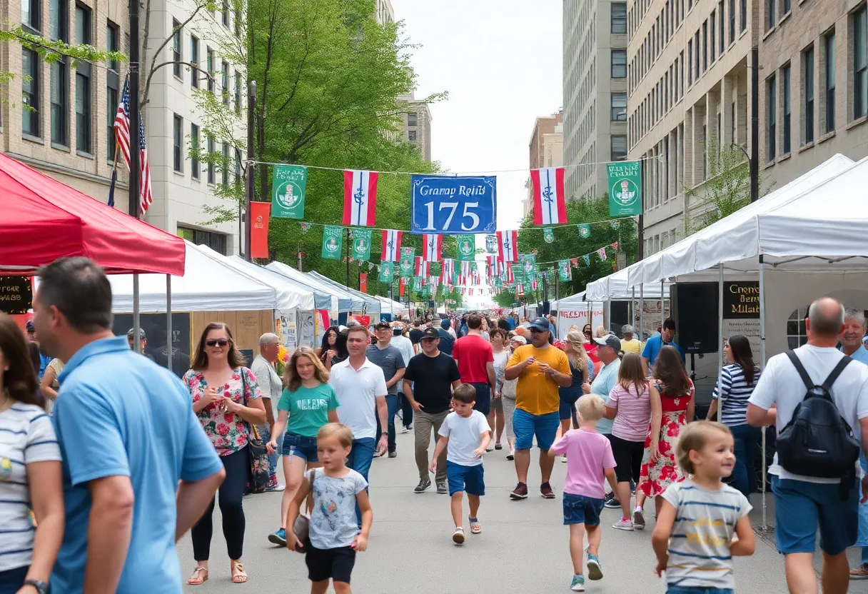 Families enjoying the Grand Rapids 175th anniversary celebration with various activities and historical displays.