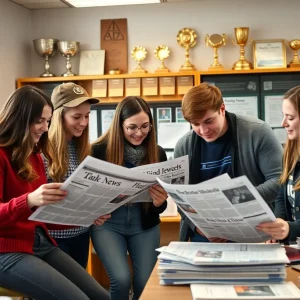 Students working together in a college newspaper office with awards displayed.