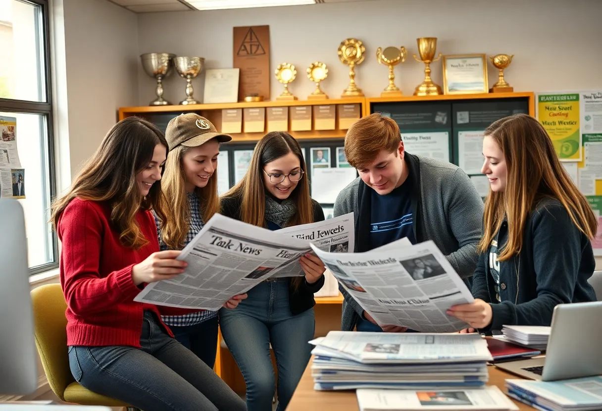 Students working together in a college newspaper office with awards displayed.